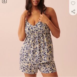 La Vie En Rose Floral V-Neck Cami & Short Sleep Set Pyjama - Navy, White